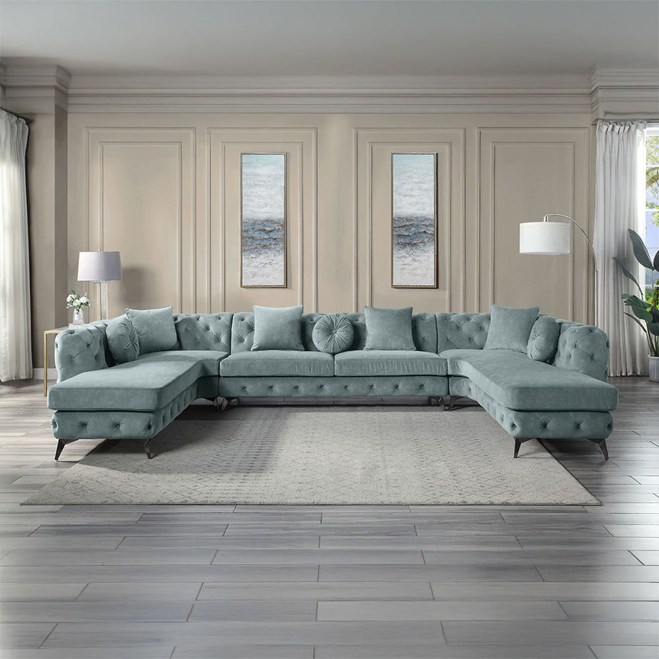 Zerah - Sectional Sofa With 7 Pillows - Dusty Blue Fabric