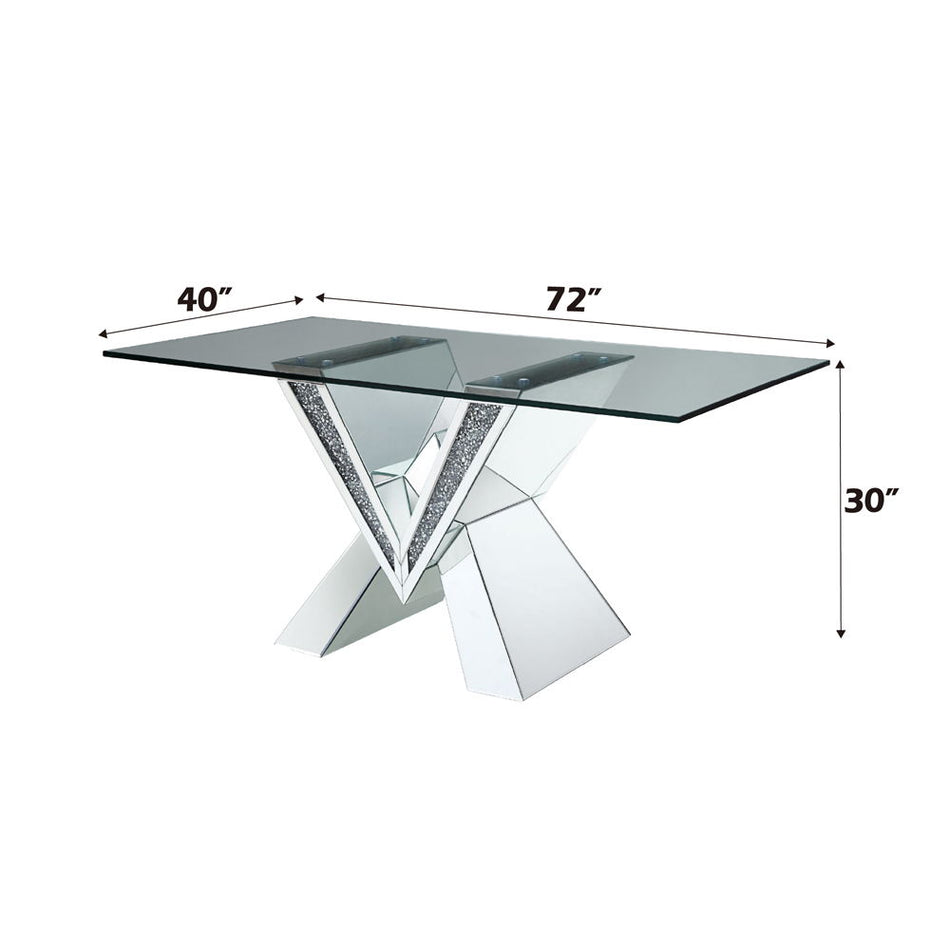 Noralie - 30" Dining Table - Mirrored, Faux Diamonds & Clear Glass Top