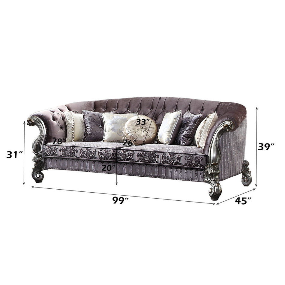 Versailles - Sofa With 7 Pillows - Velvet & Antique Platinum