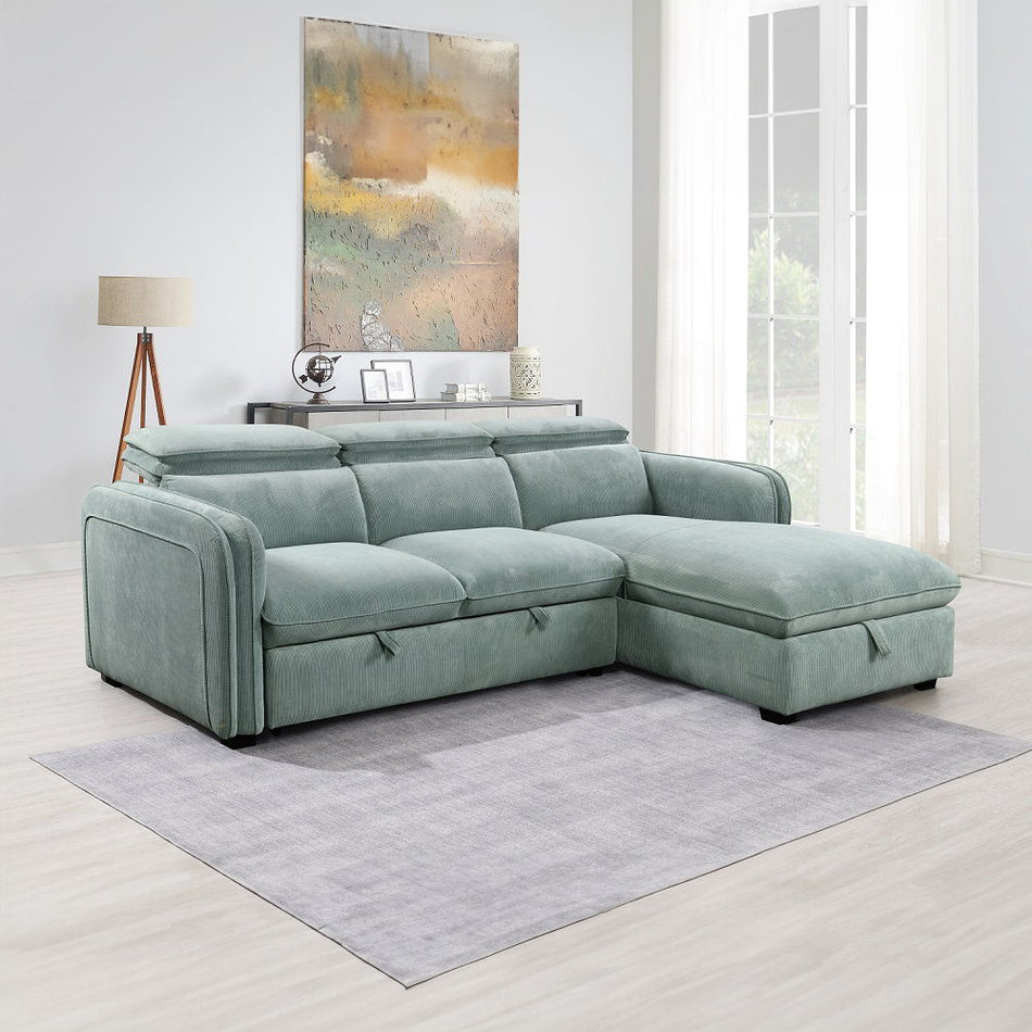 Zavala - Sectional Sofa With Sleeper & Storage - Light Green Chenille