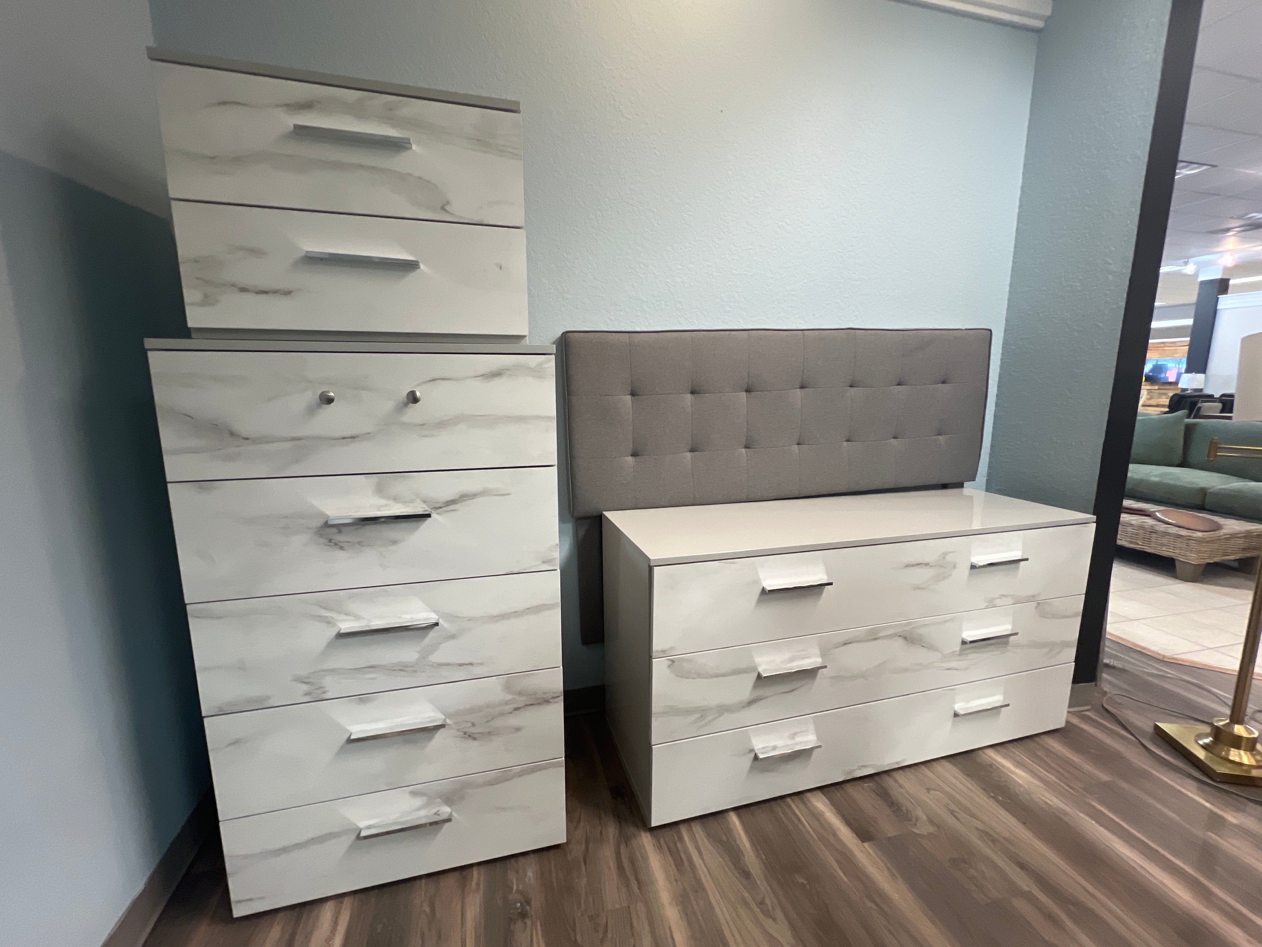 Gray Headboard With White and Gray Marble Dresser, Chest And Night Stand