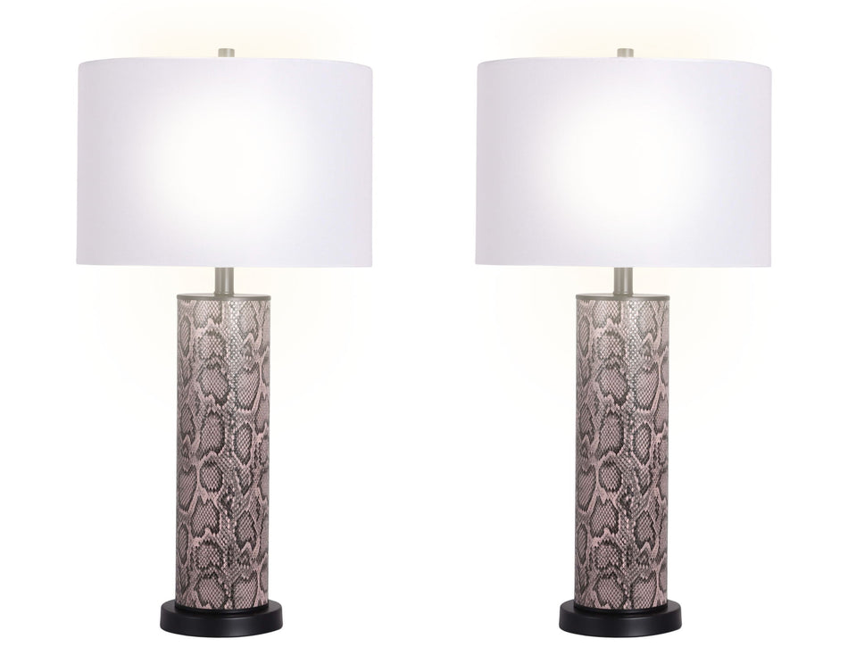 "Serpent Elegance" Faux Leather Table Lamp With Metal Base (Set of 2) - Snake Skin / Asb Gray