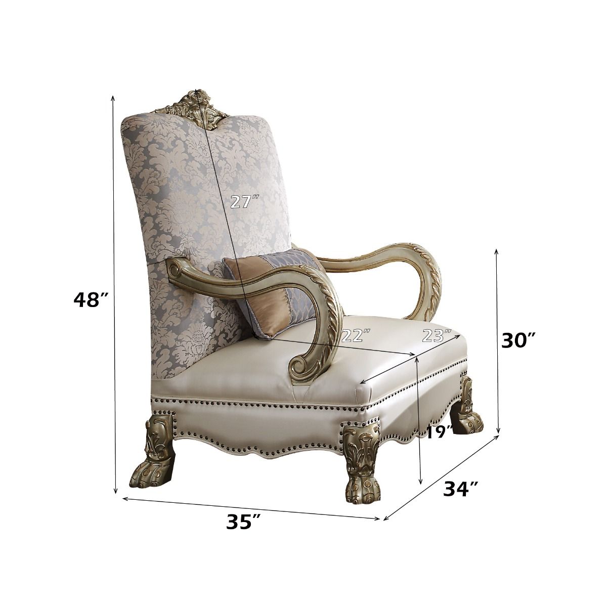 Silla decorativa Dresden II, poliuretano perlado, tela y pátina dorada