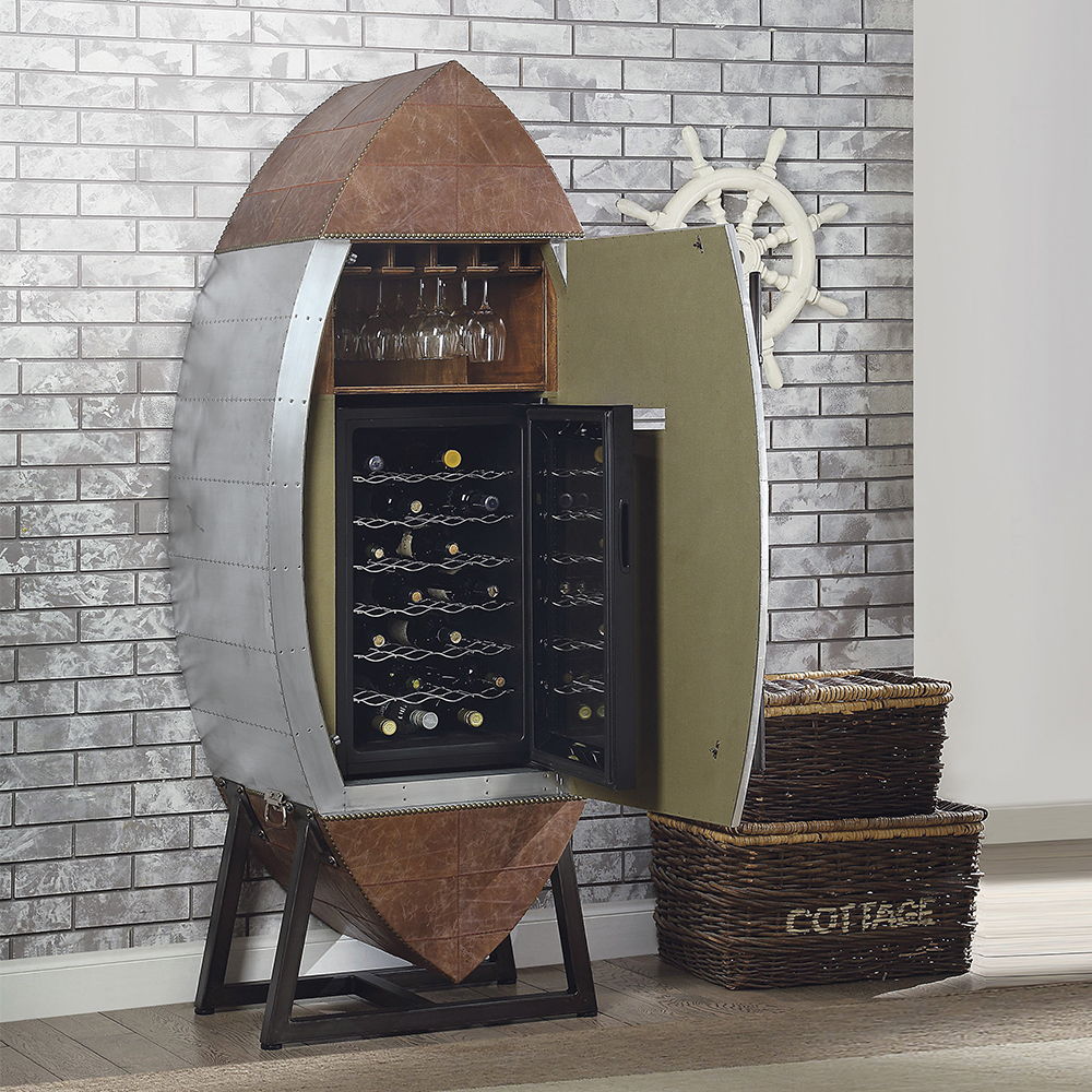 Brancaster - Vitrina para vinos - Cuero de grano superior marrón retro y aluminio