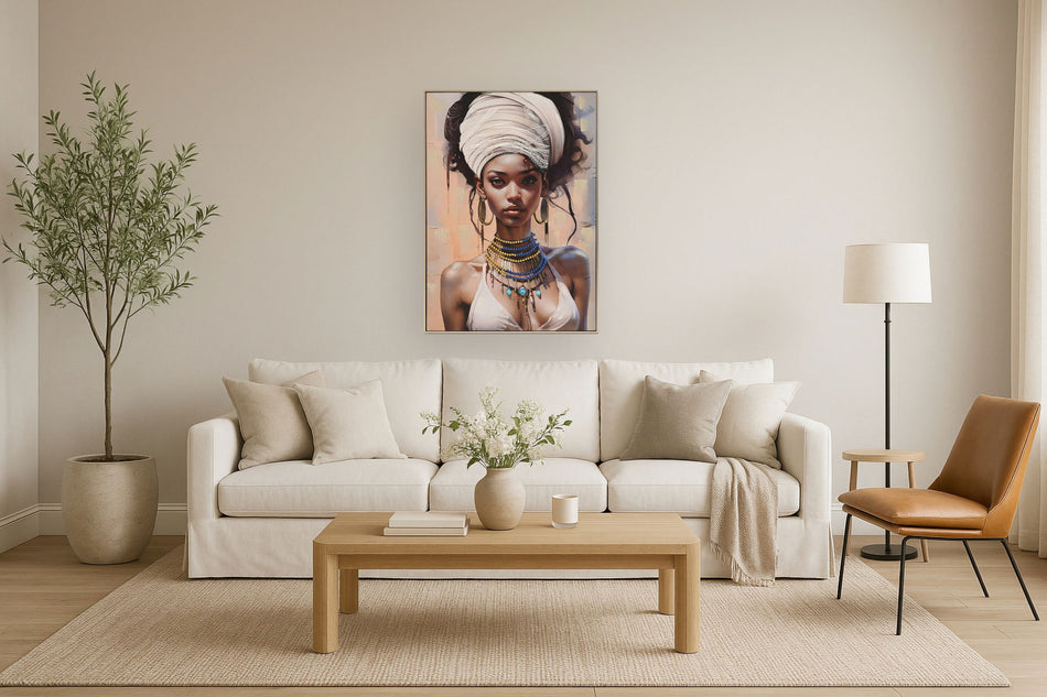 Hand Painted Framed Textured Canvas - Dazzled Woman - Beige