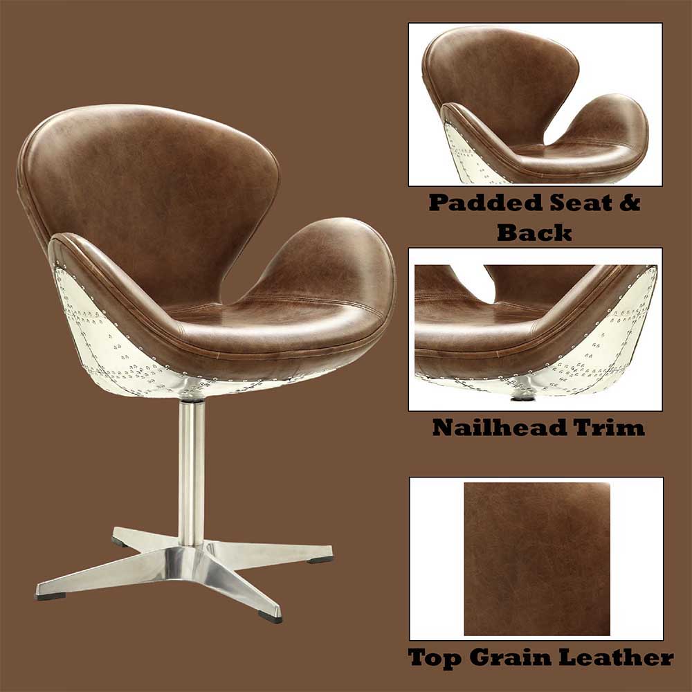 Brancaster - Silla decorativa - Cuero de grano superior marrón retro y aluminio