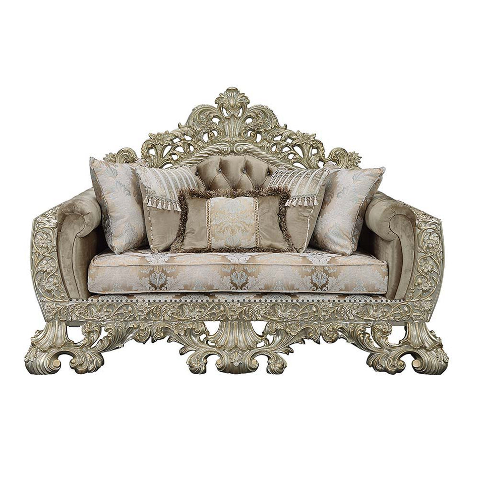 Sorina - Loveseat With 5 Pillows - Velvet, Fabric & Antique Gold