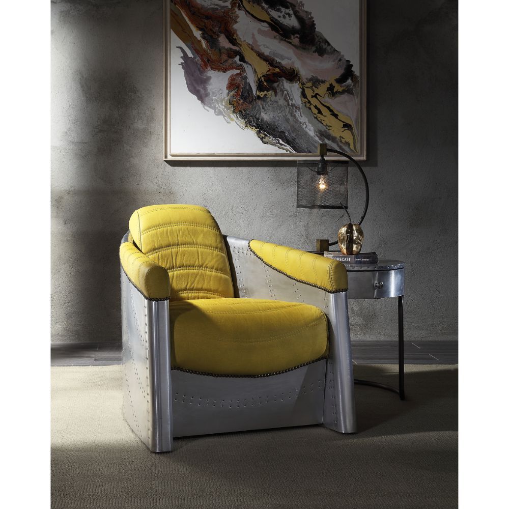 Brancaster - Silla decorativa - Cuero de grano superior amarillo y aluminio