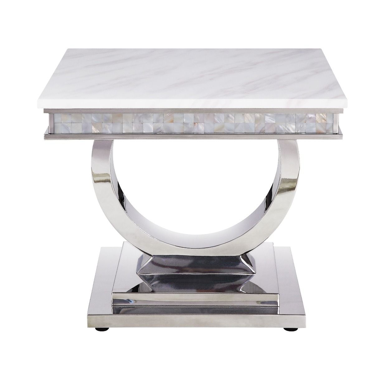 Mesa consola Zander con acabado en imitación mármol blanco y efecto espejo plateado