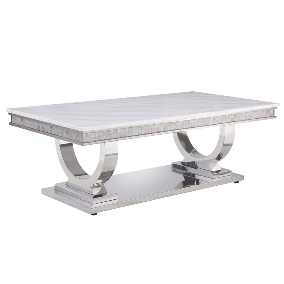 Zander - Coffee Table - White Printed Faux Marble Top & Mirrored Silver