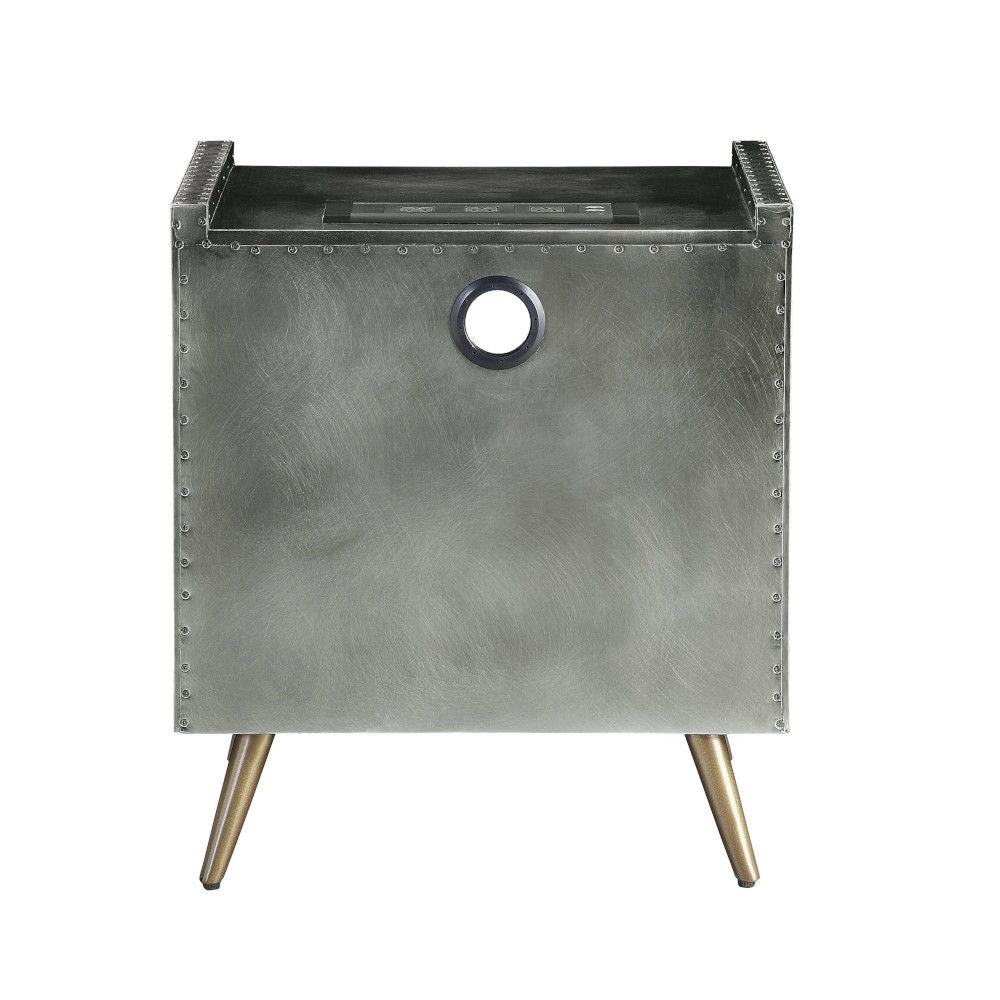 Doris - Nightstand With USB & Electric Lock - Gray Top Grain Leather & Aluminum