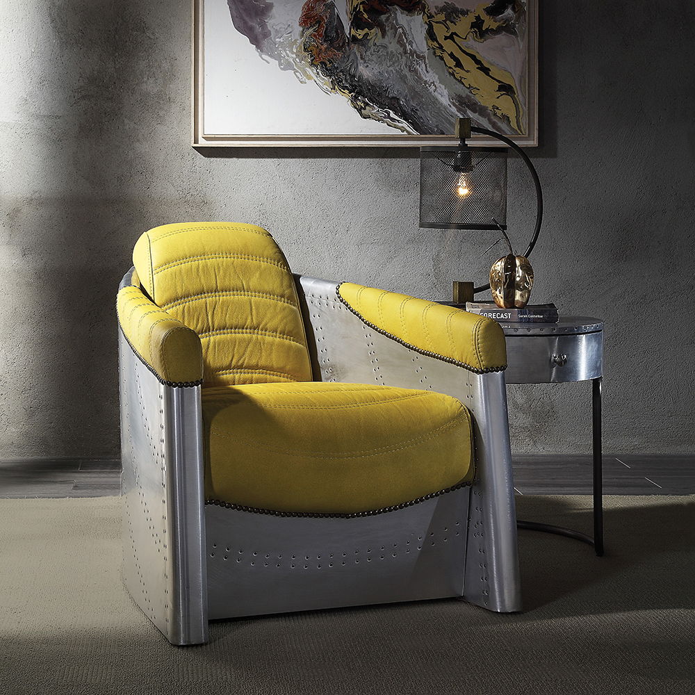 Brancaster - Silla decorativa - Cuero de grano superior amarillo y aluminio