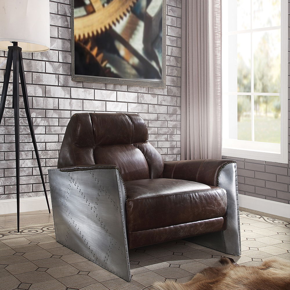 Brancaster - Silla decorativa - Cuero de grano superior color espresso y aluminio