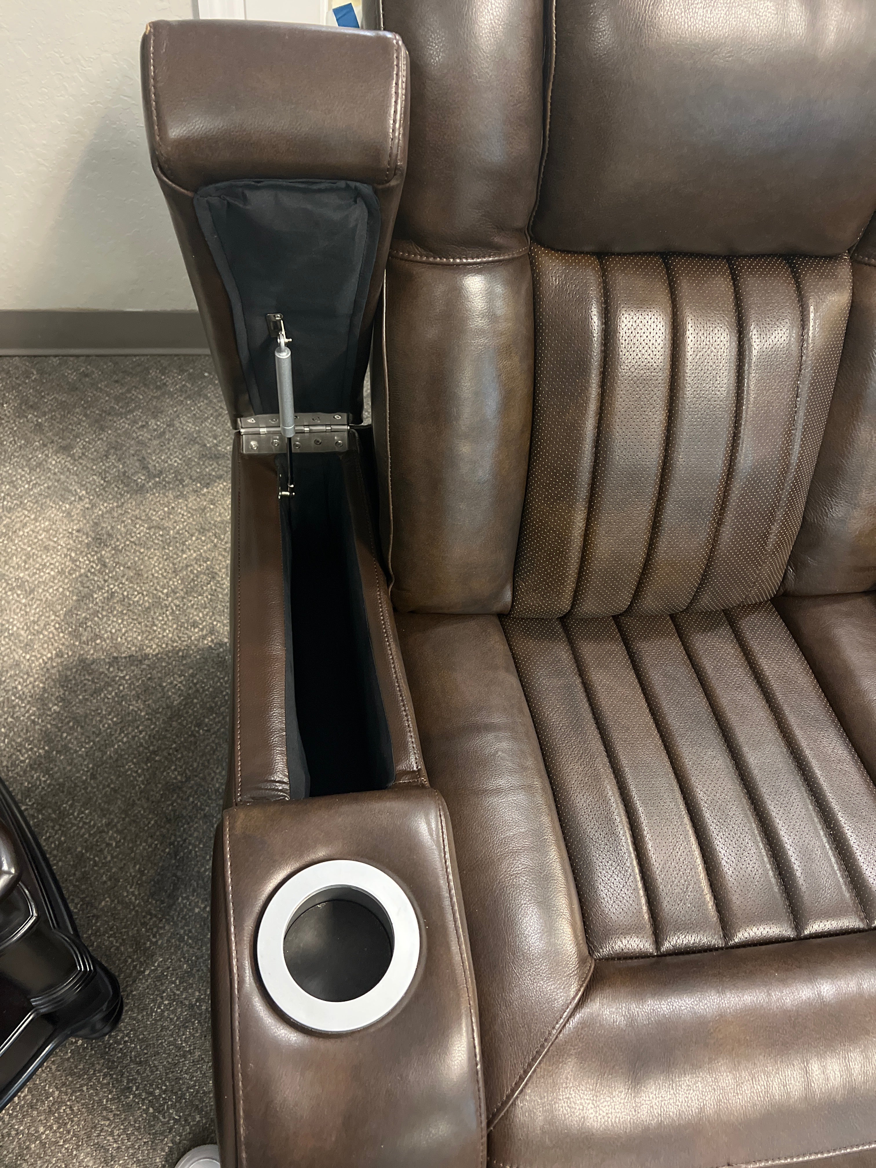 Luxury Dark Brown Motorized Reclining Sofa With Storage And Cup Holders