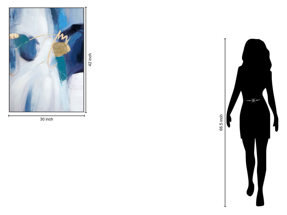 Hand Painted Textured Canvas With Foil In Frame Abstract In Gold - Blue