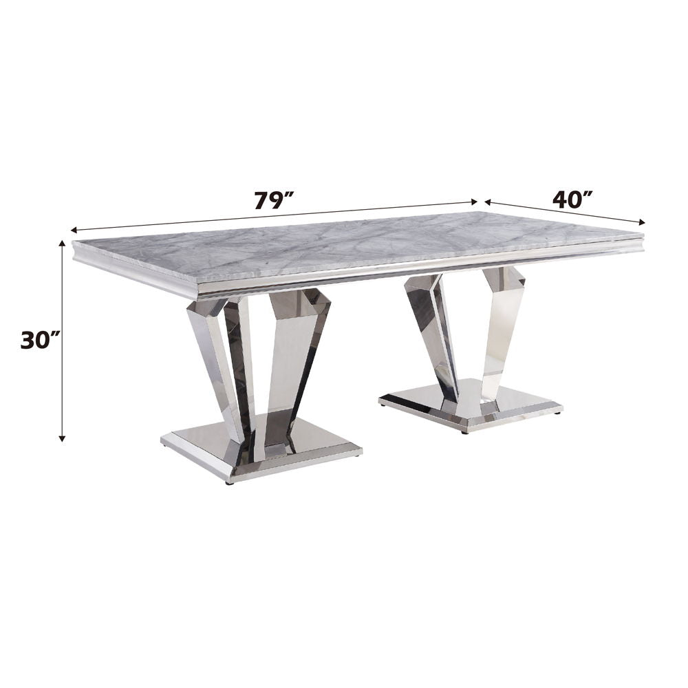 Satinka - Mesa de comedor - Acabado en plata espejada y imitación mármol estampado en gris claro