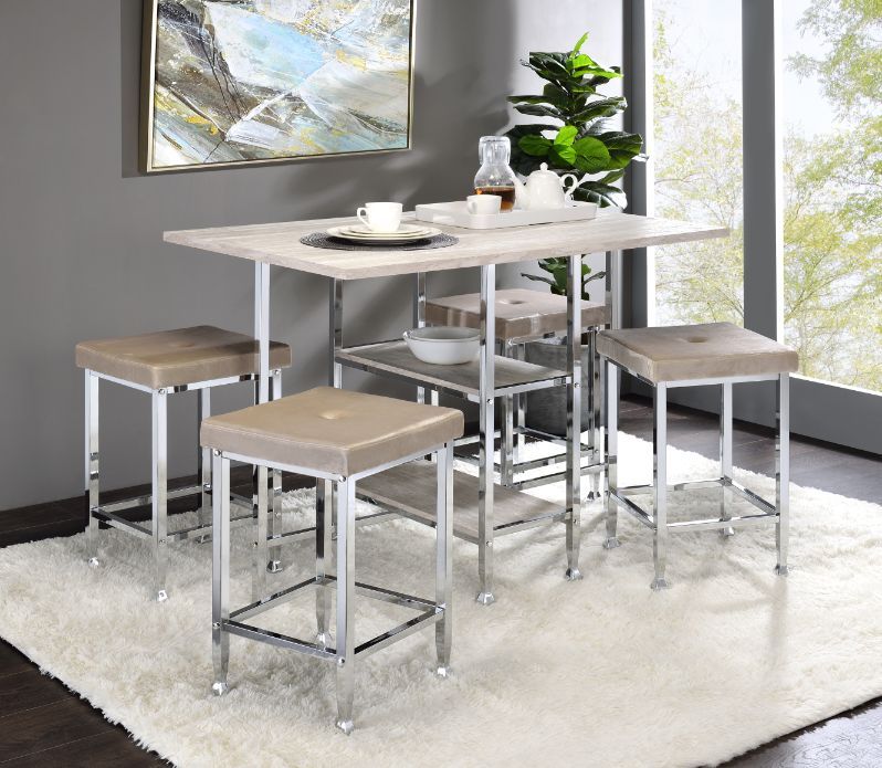 Mesa de altura de mostrador Raine - Acabado en cromo y blanco antiguo