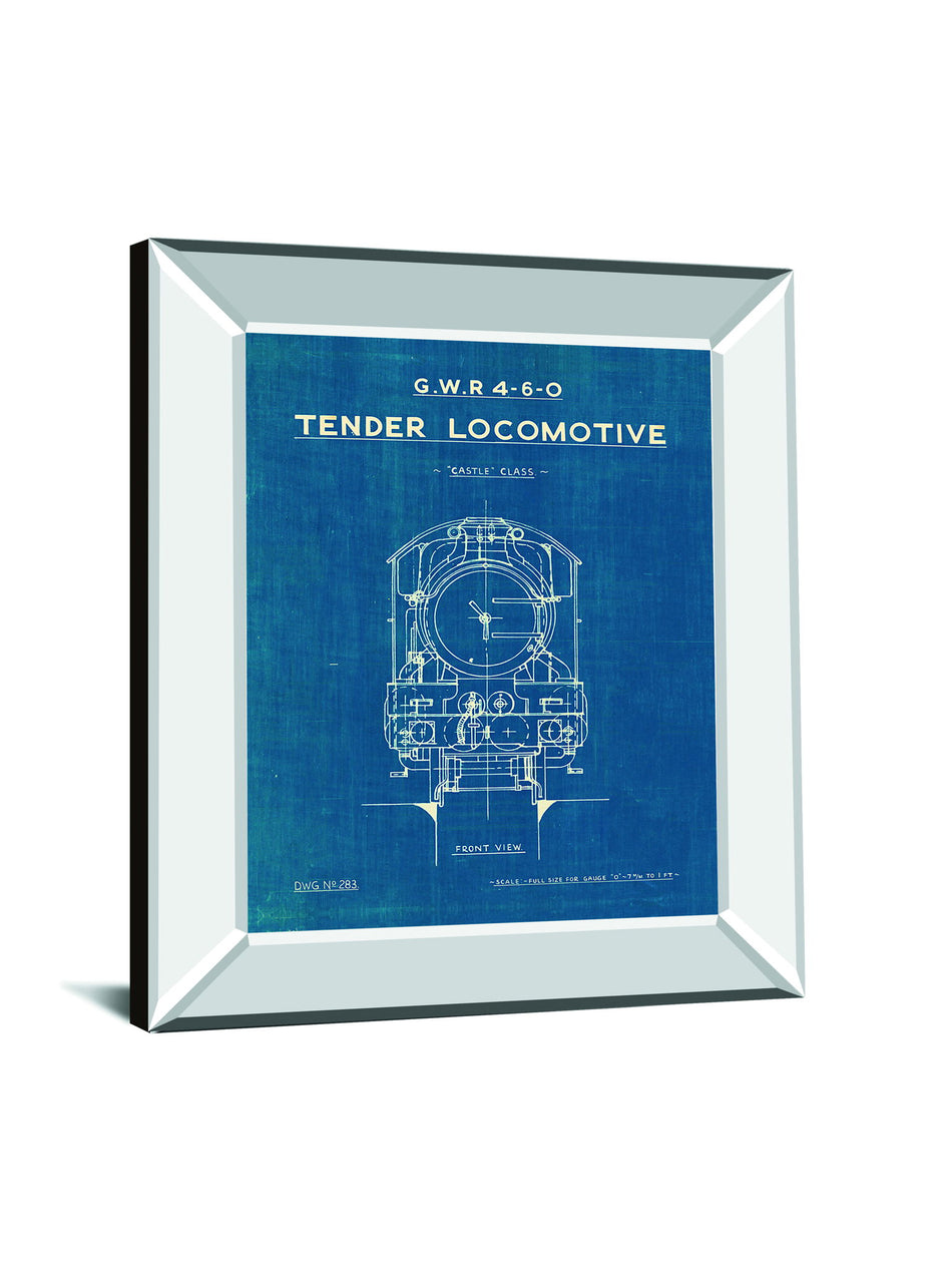 Locomotive Blueprint II By Wild Apple Portfolio - Mirror Framed Print Wall Art - Blue