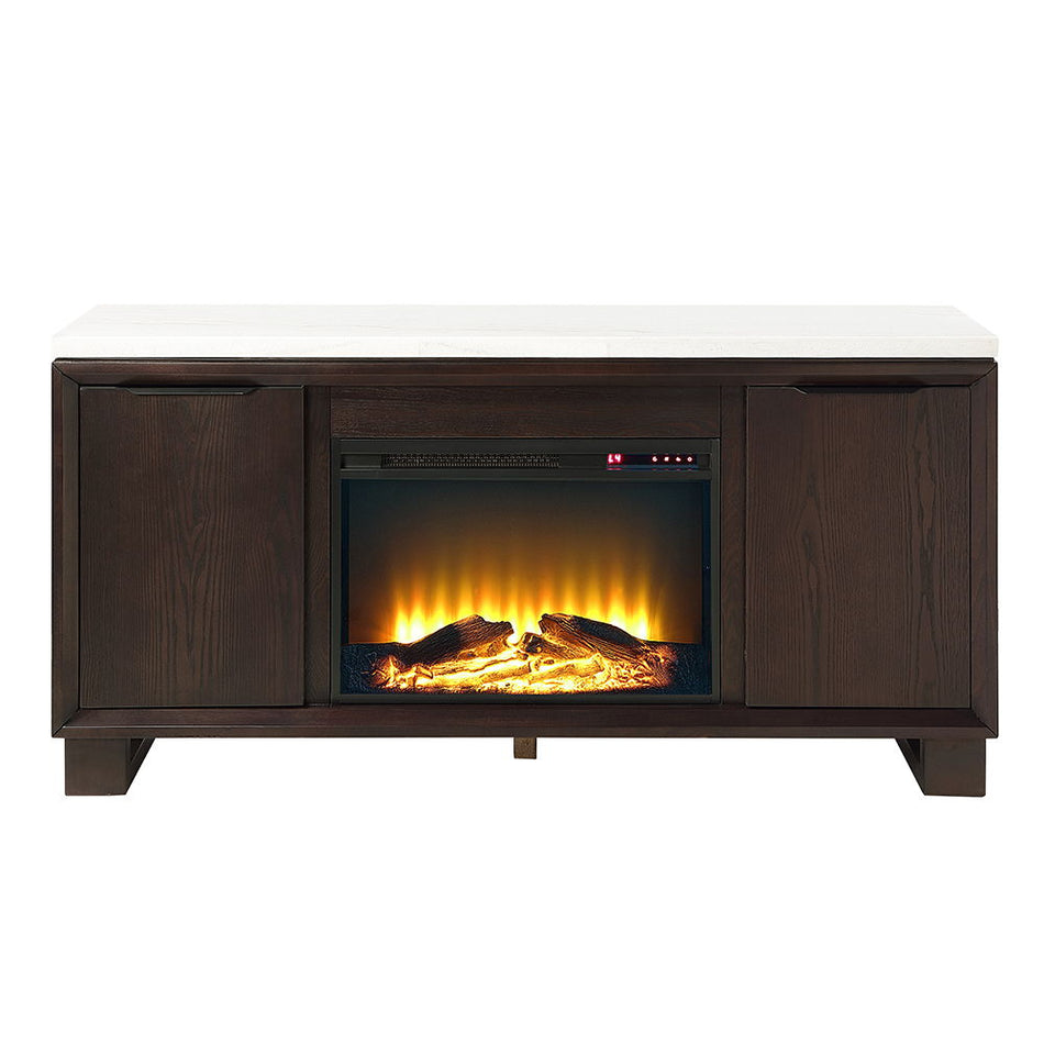 Edwyn - Server With Fireplace - Natural Marble Top & Espresso