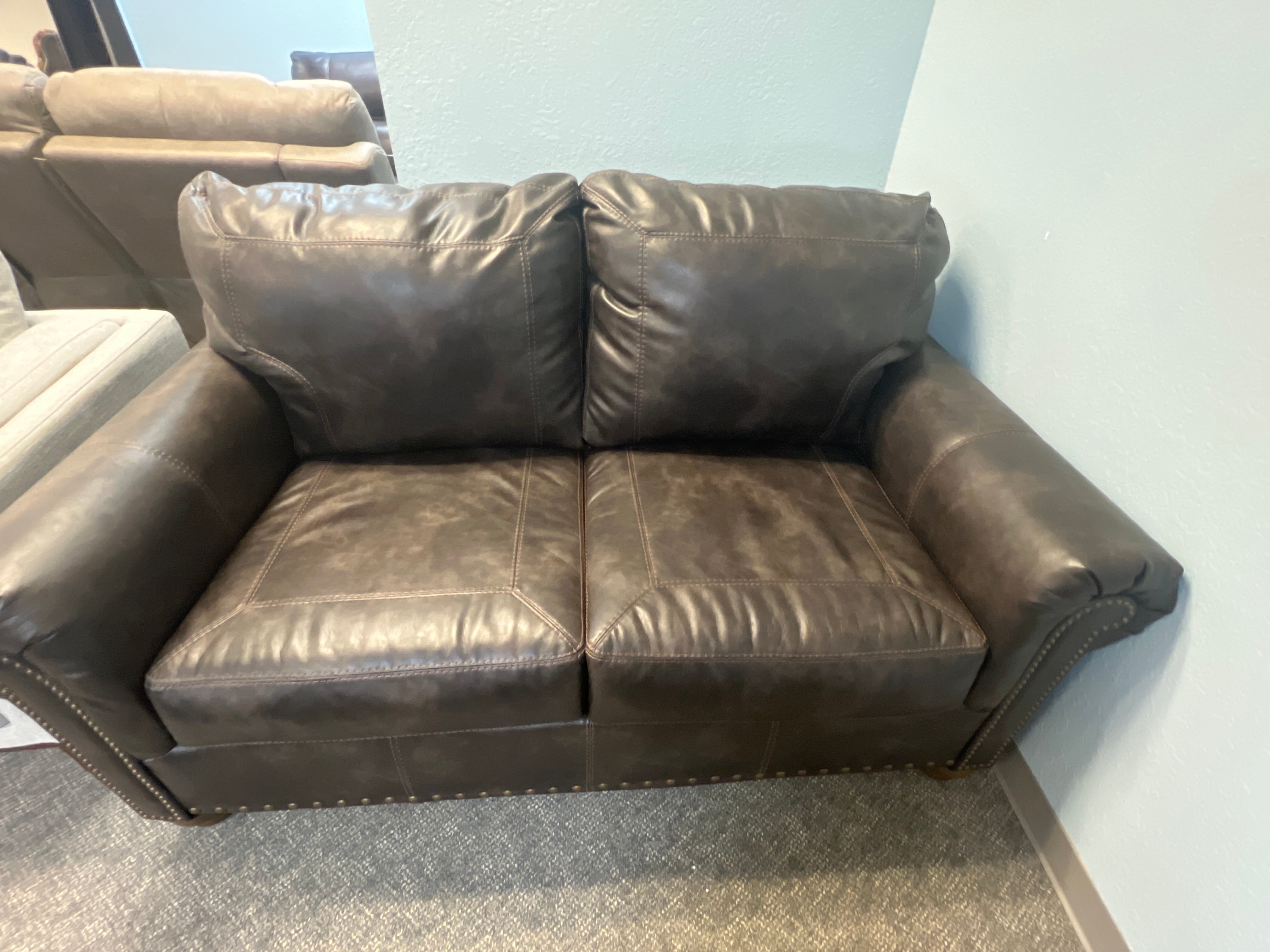 Dark Brown Leather Sofa With Nail Head Trim