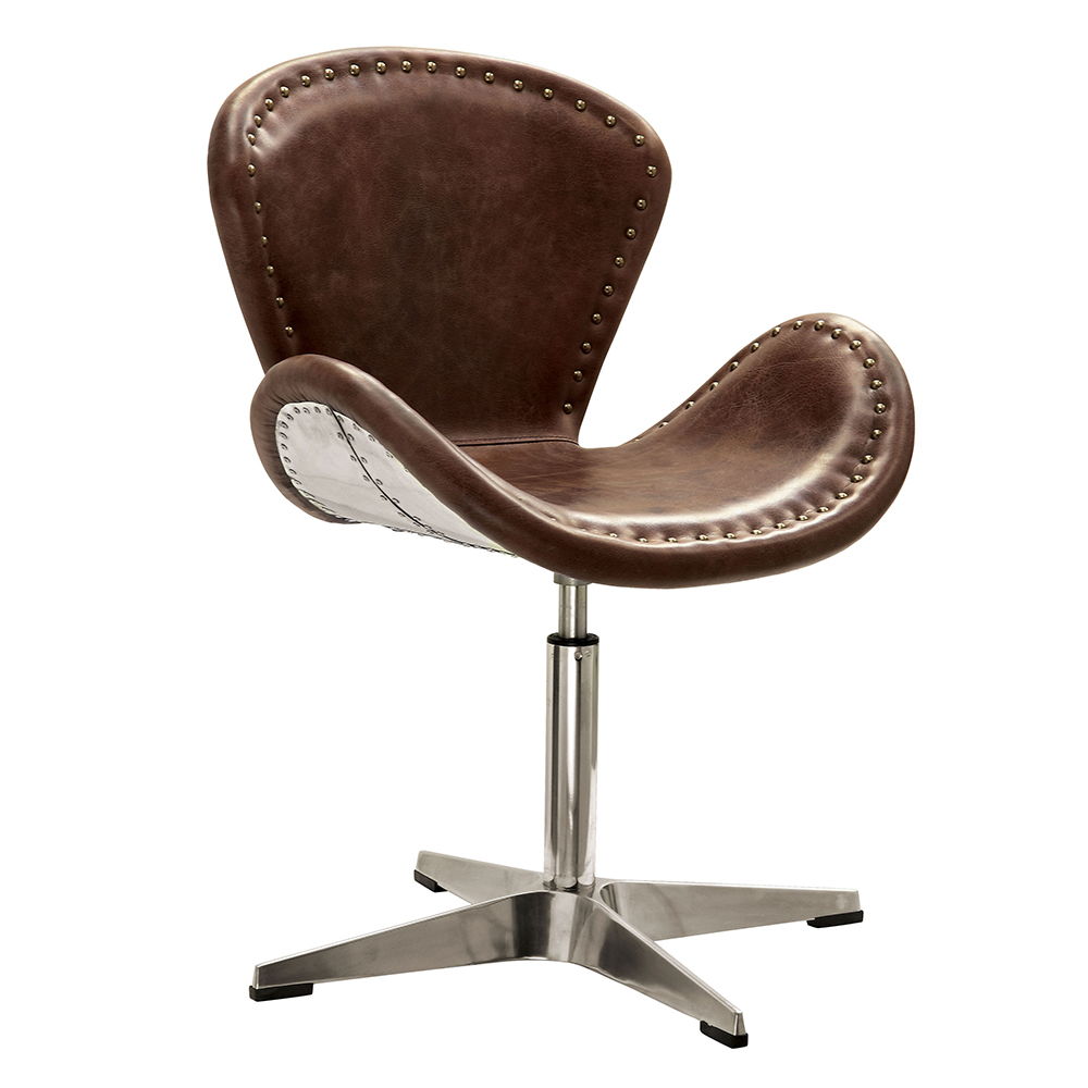 Brancaster - Silla decorativa - Cuero de grano superior marrón retro y aluminio - 33"