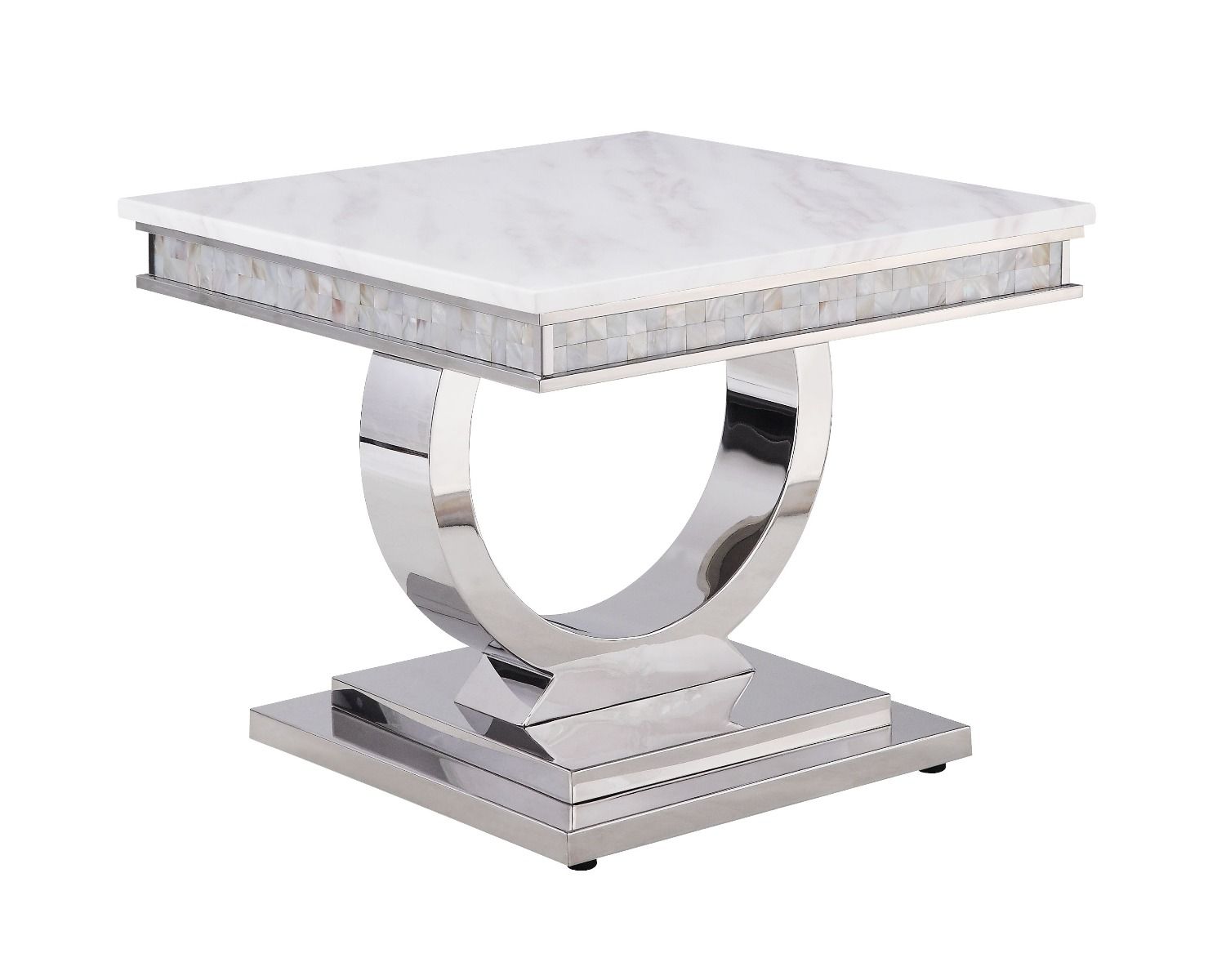 Mesa consola Zander con acabado en imitación mármol blanco y efecto espejo plateado
