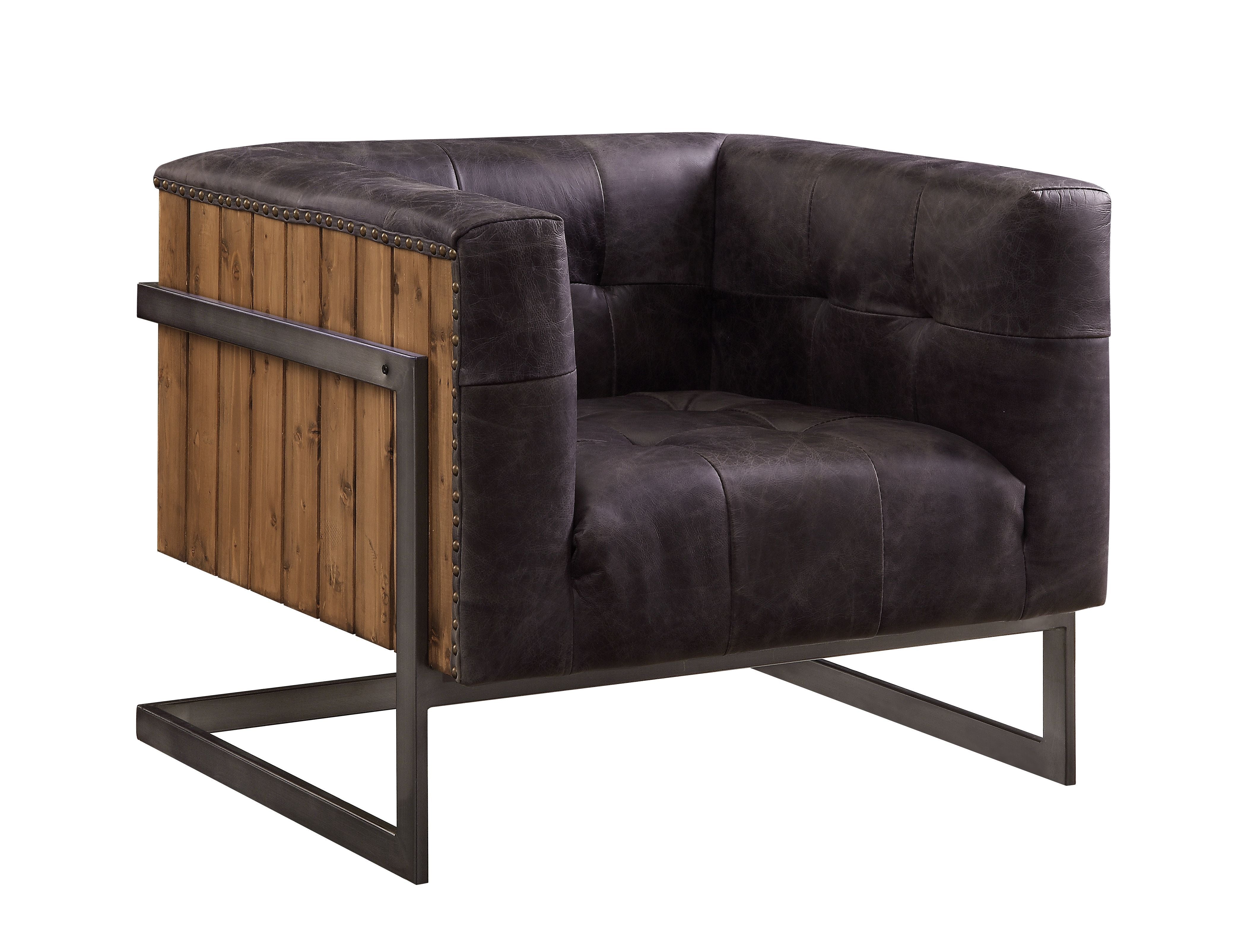Sagat - Silla decorativa - Cuero de grano superior de ébano antiguo y roble rústico
