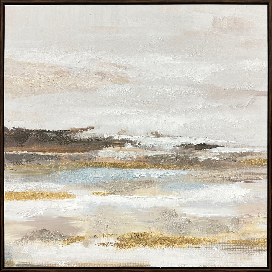 "Tranquil Horizon I" Hand-Embellished Canvas In Frame - Cream / Light Blue / Brown