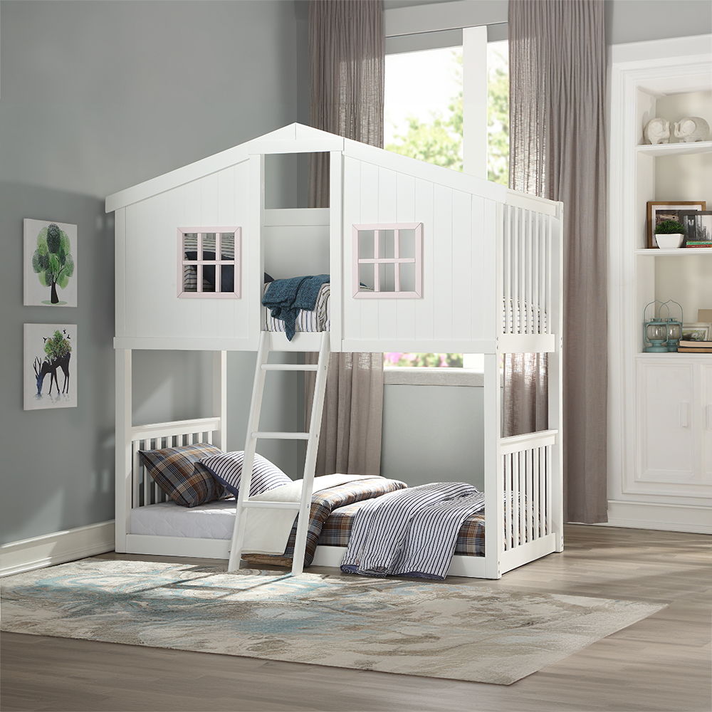 Rohan - Cama litera doble sobre dos camas individuales Cottage - Blanco y rosa
