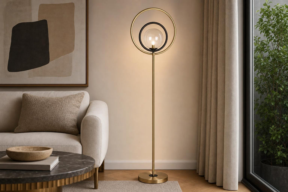 "Eclipse Aura" Metal Floor Lamp - Matte Black / Soft Gold / Clear
