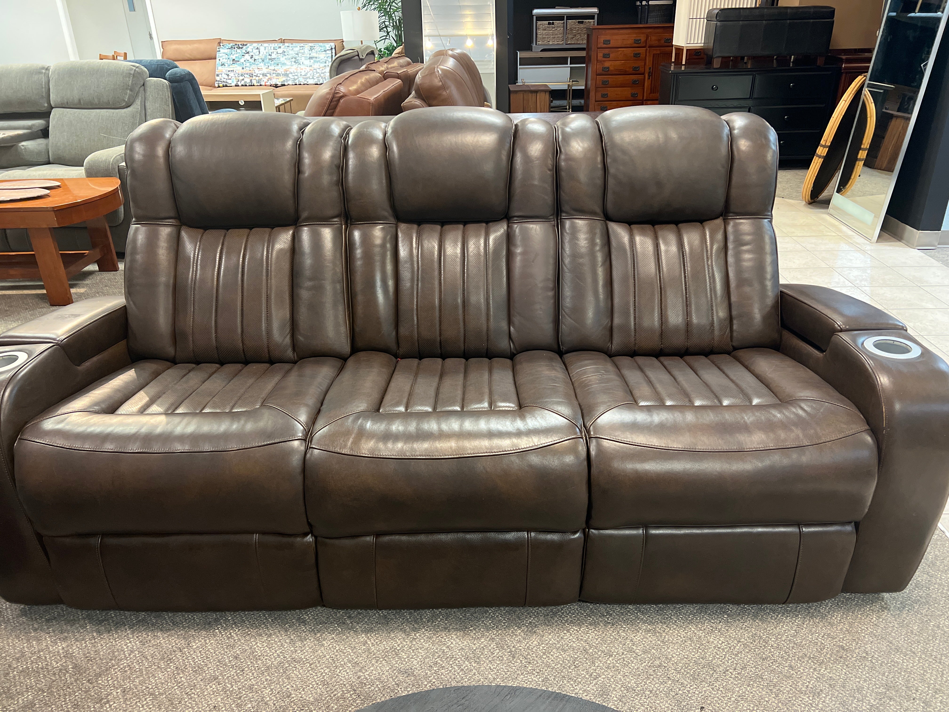Luxury Motorized Dark Brown Leather Sofa With Storage Arm Rests