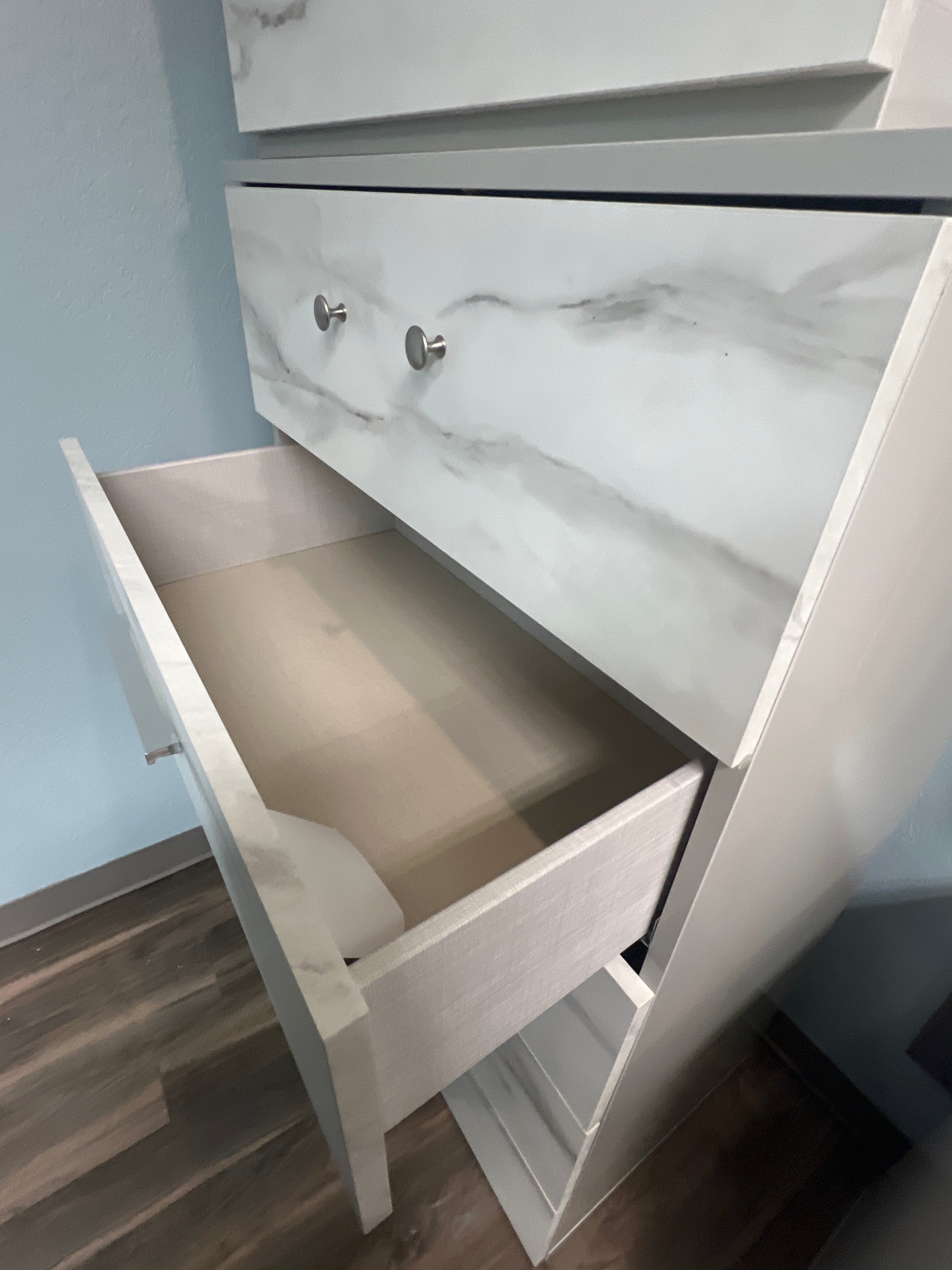 Gray Headboard With White and Gray Marble Dresser, Chest And Night Stand