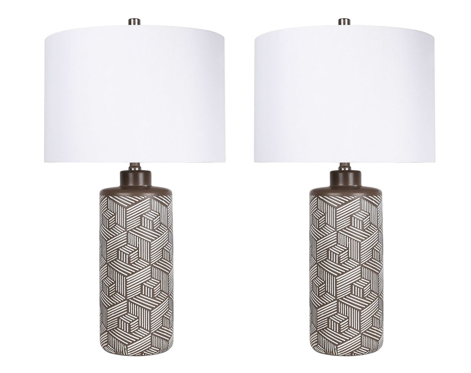 "Geometric Harmony" Ceramic Table Lamp (Set of 2) - Brown / White