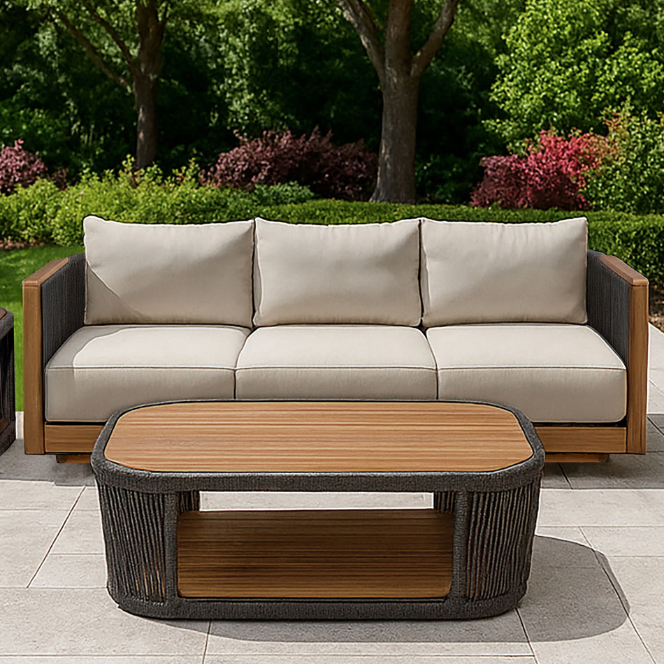 Veranda - Wicker & Wood Outdoor Sofa With Cushions - Natural / Gray / Brown