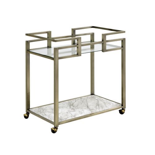 Neilo - Carrito de cocina - Vidrio transparente, imitación mármol y acabado en latón envejecido