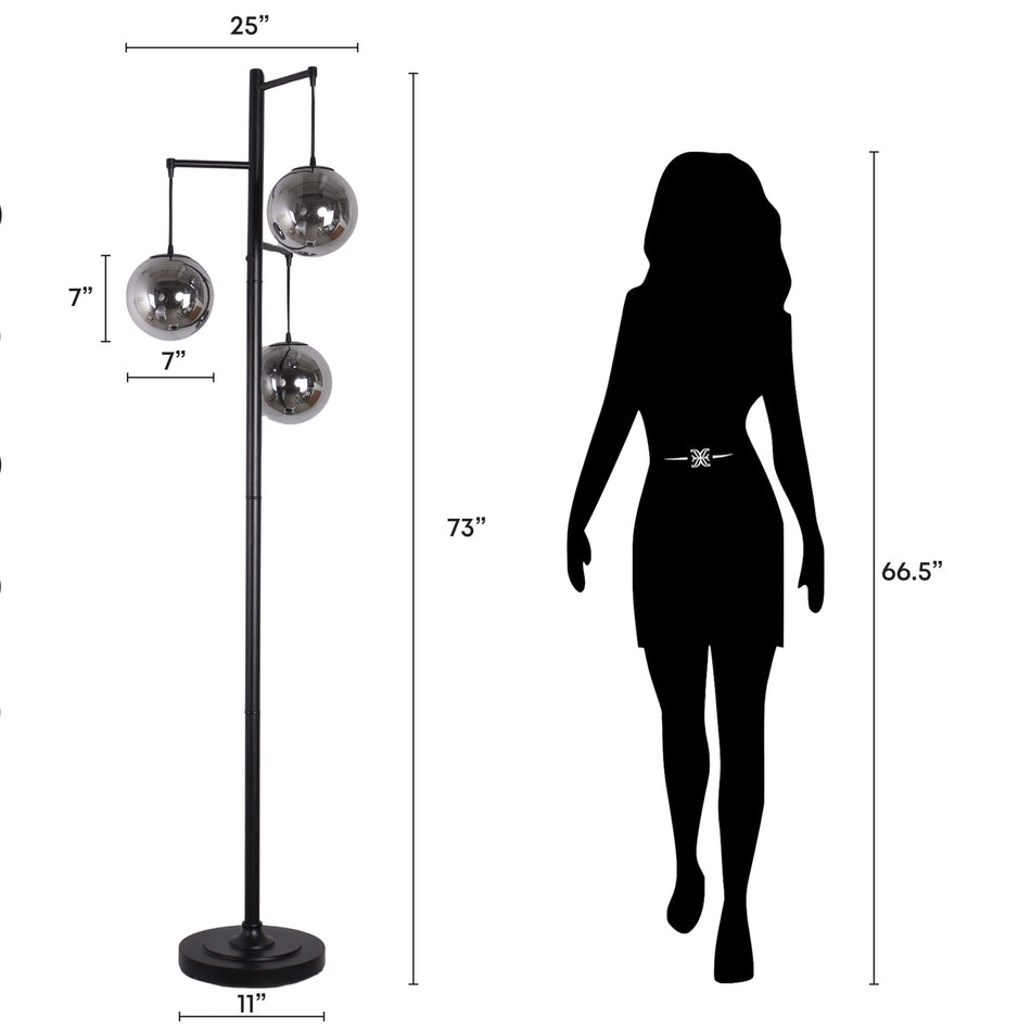 "Globe Cascade" Metal Floor Lamp With Glass Globes - Polished Chrome / Smoked Glass