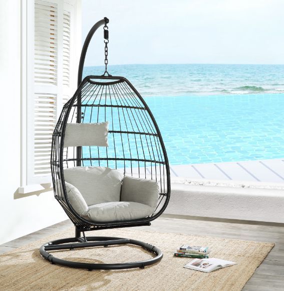 Oldi - Silla columpio para patio - Tela beige y mimbre negro