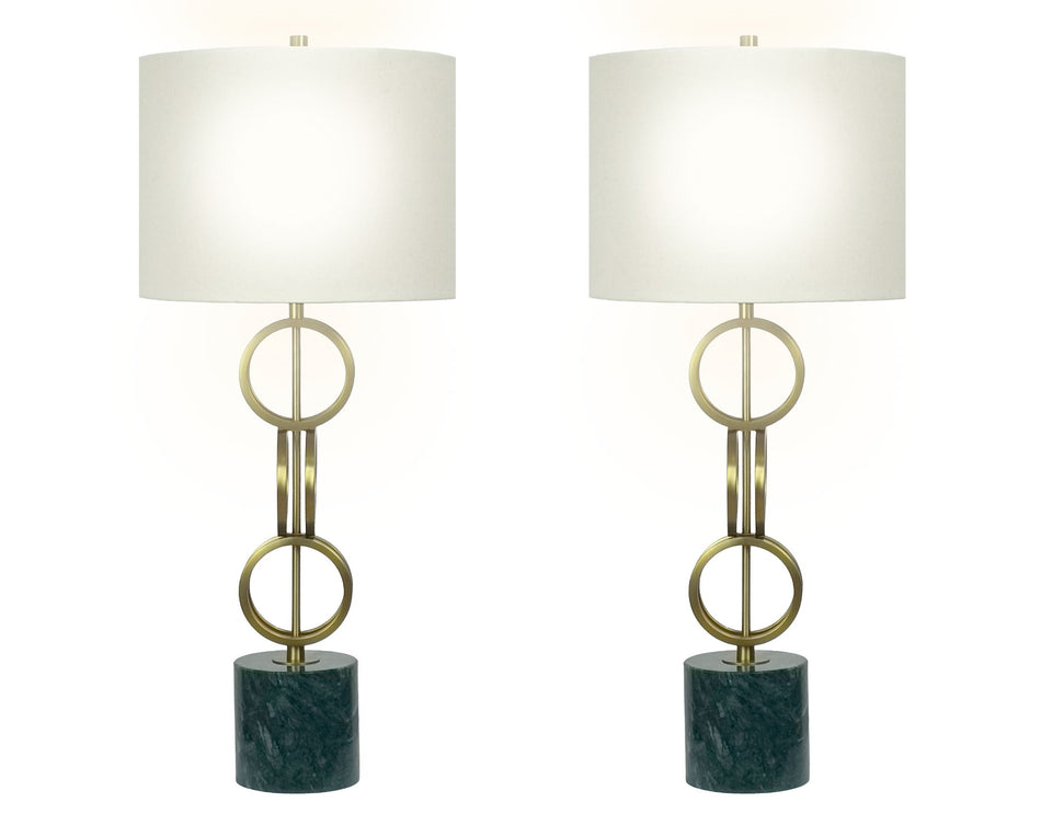 "Marble Harmony" Metal Table Lamp On Marble Base (Set of 2) - Green Marble / Matte Golden Bronze