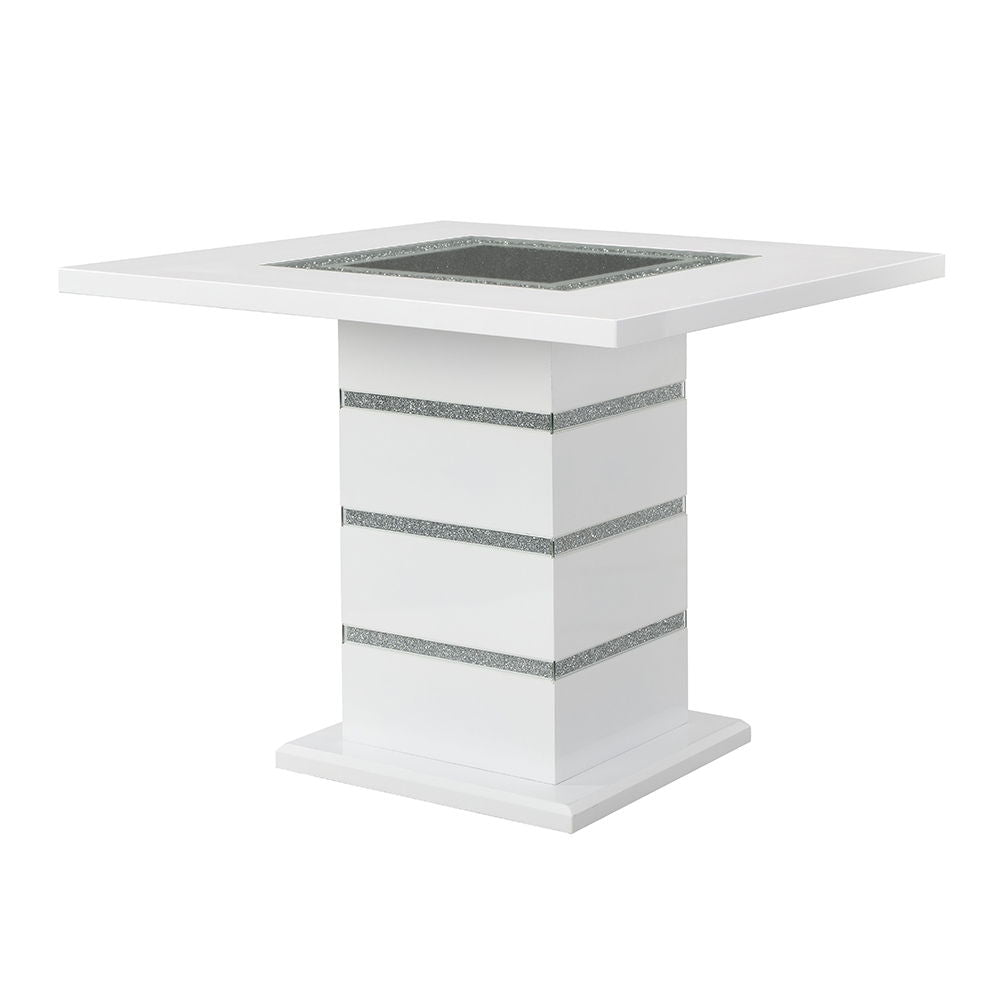Mesa de altura de mostrador Elizaveta: terciopelo gris, diamantes de imitación de cristal y acabado blanco de alto brillo