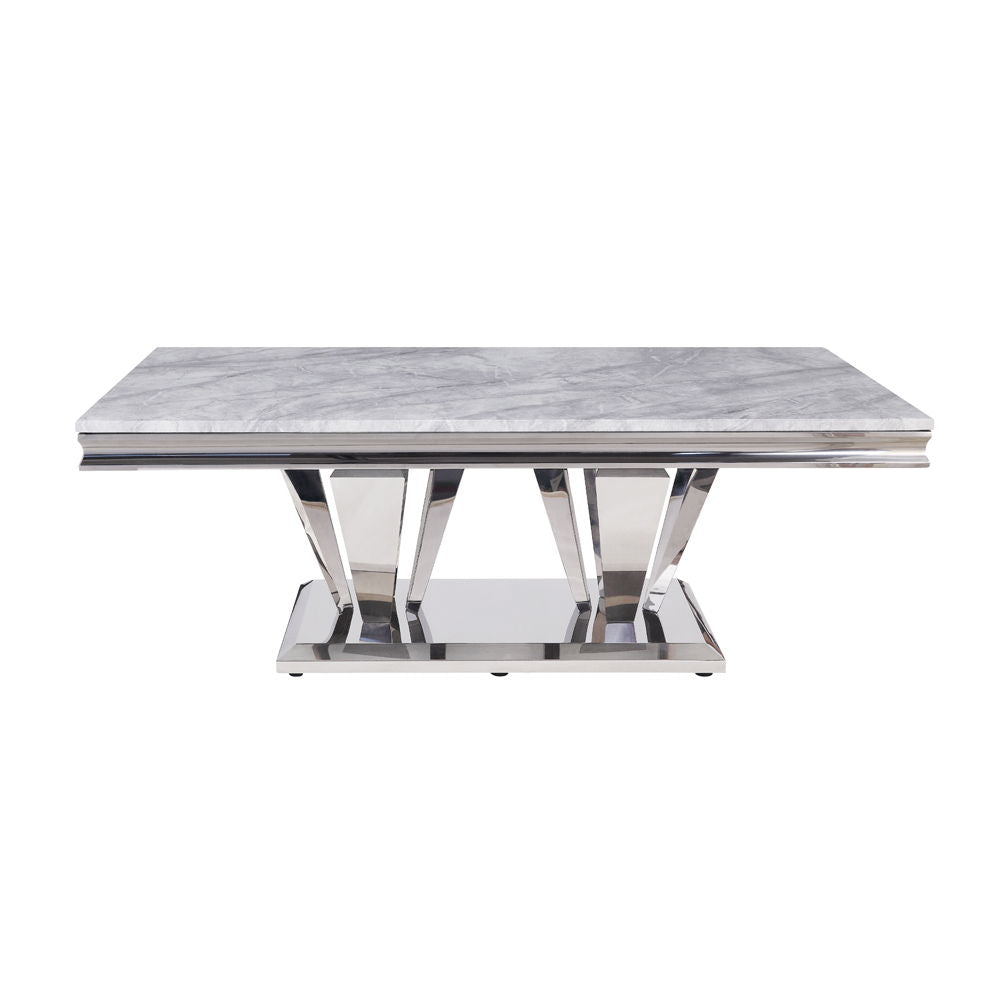 Satinka - Mesa de centro - Acabado en espejo plateado y imitación mármol estampado en gris claro