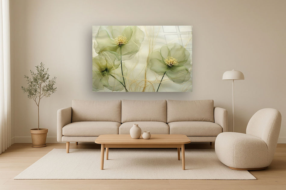 Temp Glass With Foil - Green Whispy Floral - Green