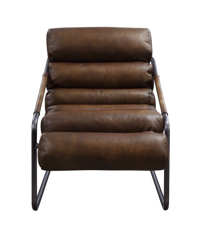 Sillón decorativo Dolgren, piel de grano superior Sahara y acabado en hierro mate