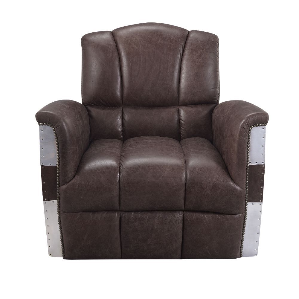 Brancaster - Silla decorativa - Cuero de grano superior marrón retro y aluminio - 35"