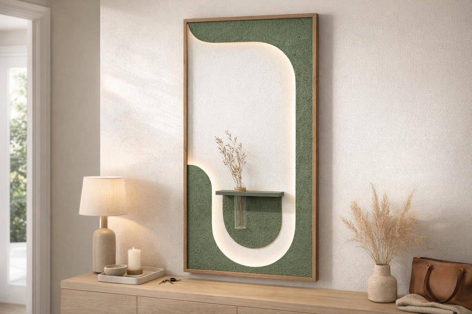 Verdant Niche II Hand-Painted LED Art In Frame - Green / Ivory