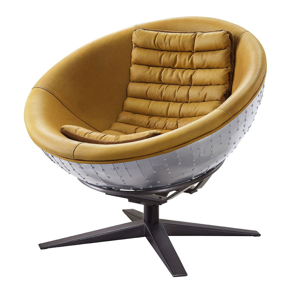 Brancaster - Silla decorativa - Cuero de grano superior color cúrcuma y aluminio