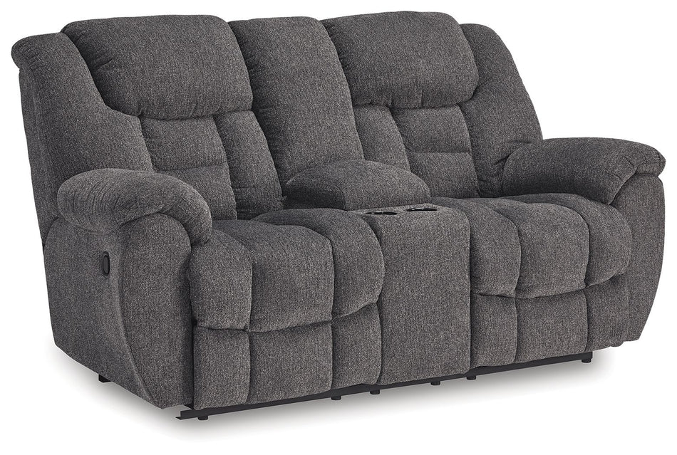 Foreside - Charcoal - Loveseat doble reclinable con consola