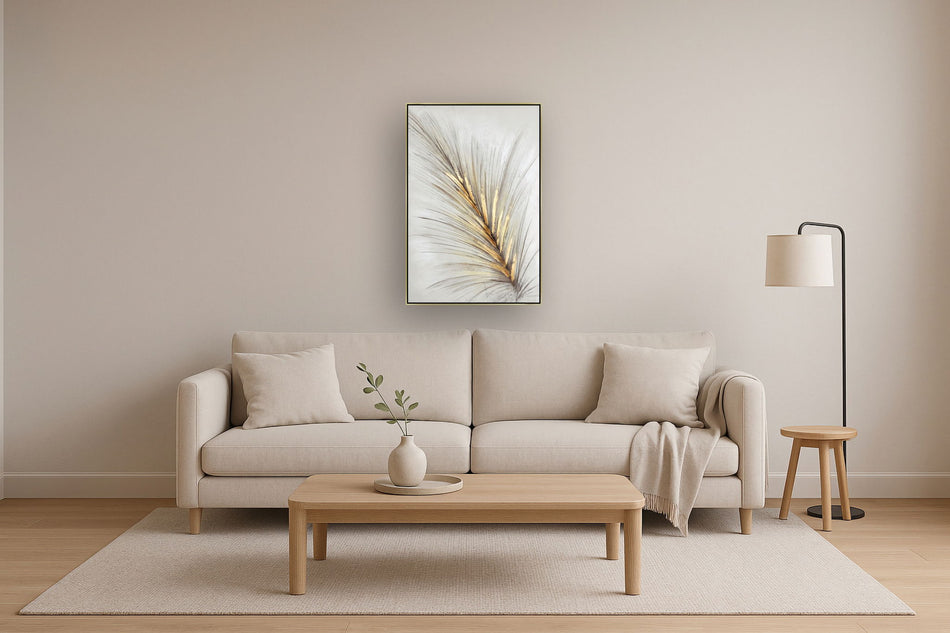 Hand Painted Textured Canvas With Foil In Frame Feather In Gold - Gold