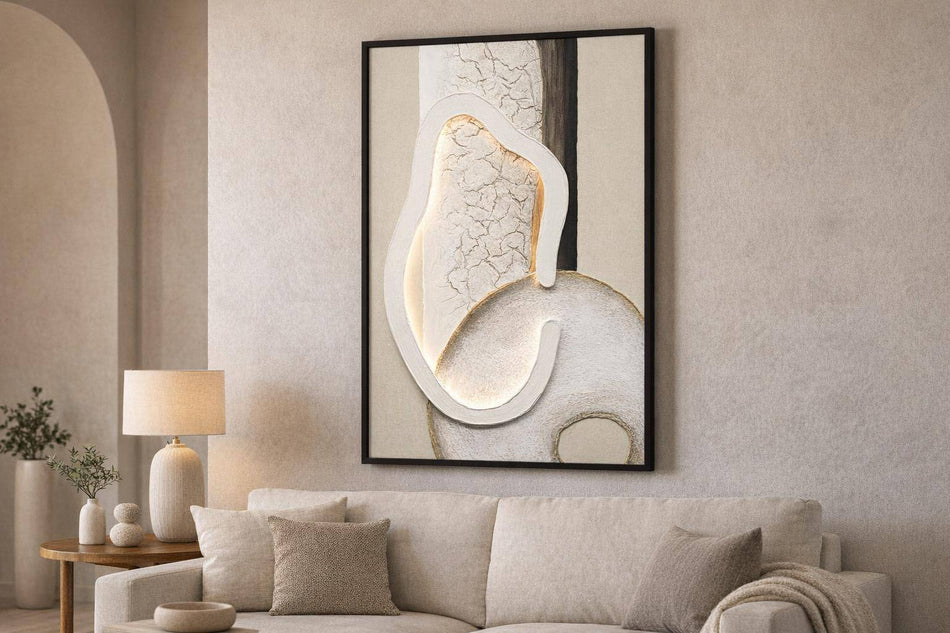Ivory Contour I Hand-Painted LED Canvas In Frame - Ivory / Cream