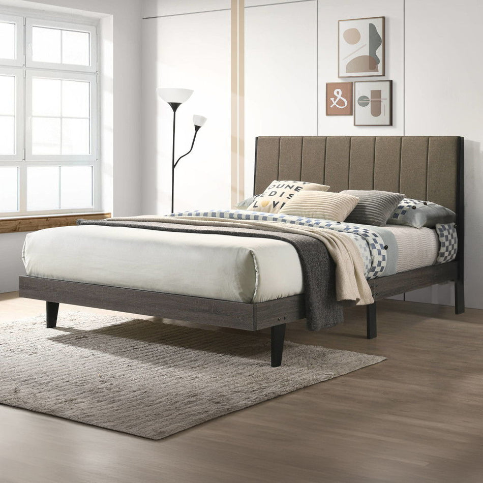 Valdemar - Queen Bed - Brown Fabric & Weathered Gray