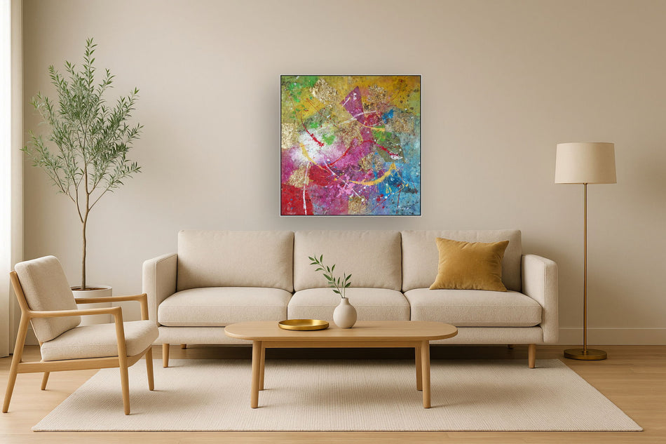 39x39 Hand Painted Textured Canvas In Frame - Green